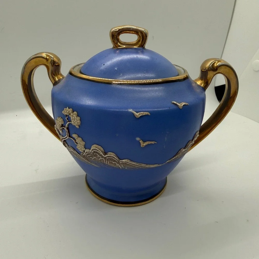 Vintage Moriage Sugar Bowl Hand Painted Made in Japan Blue Gold Pagoda Scene
